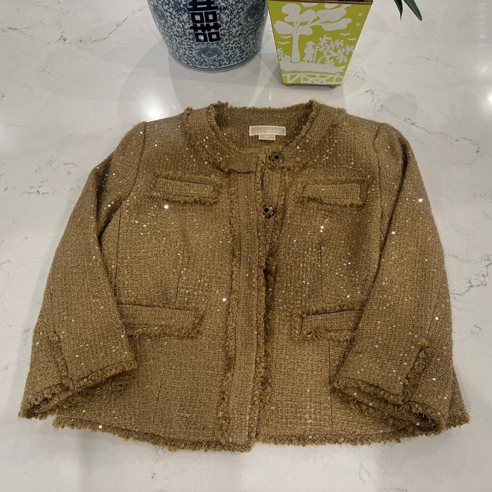 MICHAEL Michael Kors Gold Sequin Tweed Texture Blazer Jacket Women's Size 8P